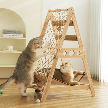Wooden Cat Climbing Tower with Hammock & Scratching Post – Fun and Stylish Cat Tree for Scratching & Play