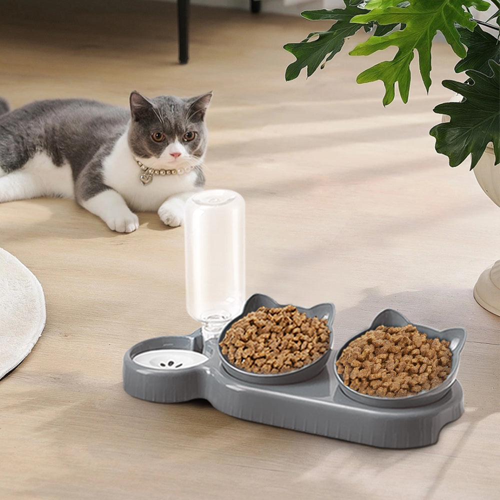 3-in-1 Pet Feeder with Automatic Water Refill – Tilted Double Bowls for Cats & Dogs – Non-Tip Design with Paw Print Detail