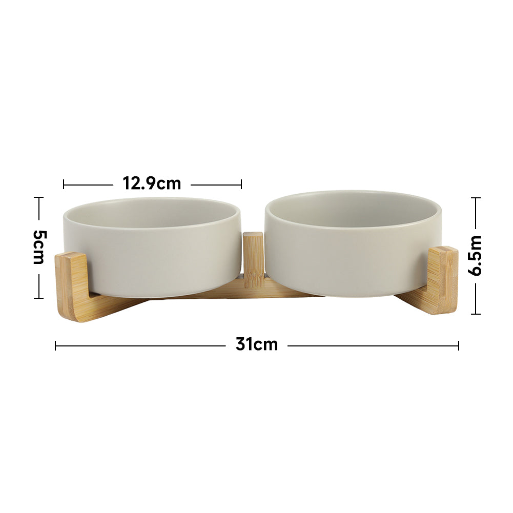 Double Ceramic Cat Bowl with Elevated Bamboo Stand – Durable, Easy-Clean Feeding Station