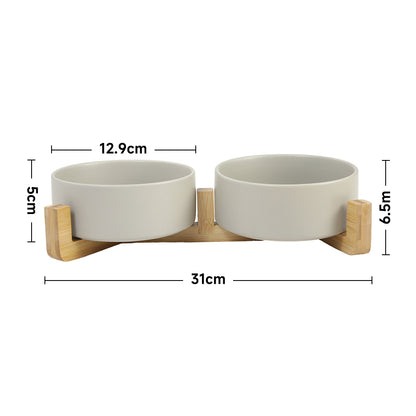 Double Ceramic Cat Bowl with Elevated Bamboo Stand – Durable, Easy-Clean Feeding Station