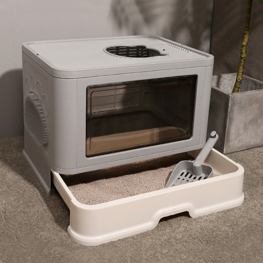 Enclosed Folding Plastic Cat Litter Box with Removable Scoop – Odor Control and Easy Cleaning