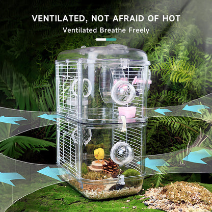 Double-Layer Transparent Hamster Cage with Hidden Handle and Tunnel