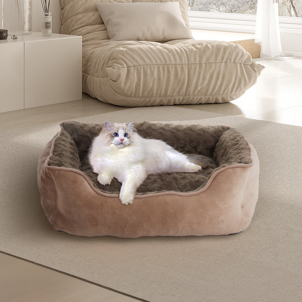 Cozy Khaki Faux Plush Pet Sleeping Bed with Raised Sides and Non-Slip Base