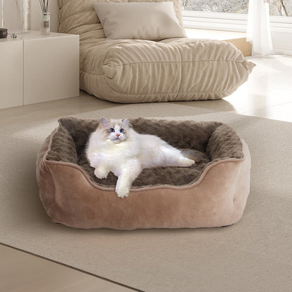 Cozy Khaki Faux Plush Pet Sleeping Bed with Raised Sides and Non-Slip Base