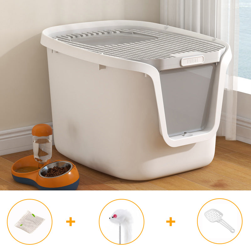 Splash-Proof Enclosed Cat Litter Box with Scoop & Teaser Toy – Odour Control, Dual-Door Entry, Easy-Clean Flip Lid