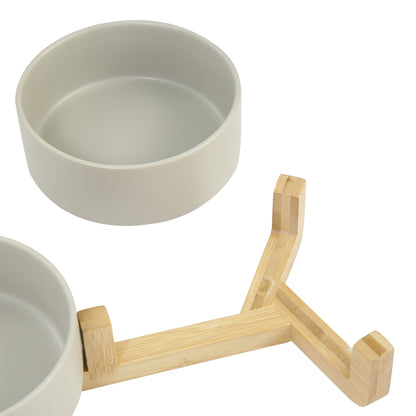 Double Ceramic Cat Bowl with Elevated Bamboo Stand – Durable, Easy-Clean Feeding Station