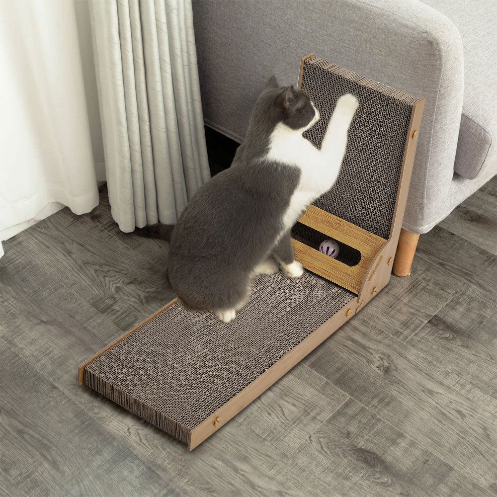 L-Shaped Cat Scratcher with Interactive Toys