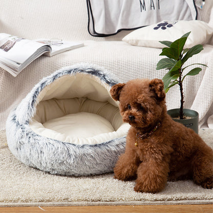 Soft Plush Semi-Enclosed Pet Bed – Cozy Retreat for Cats and Small Dogs