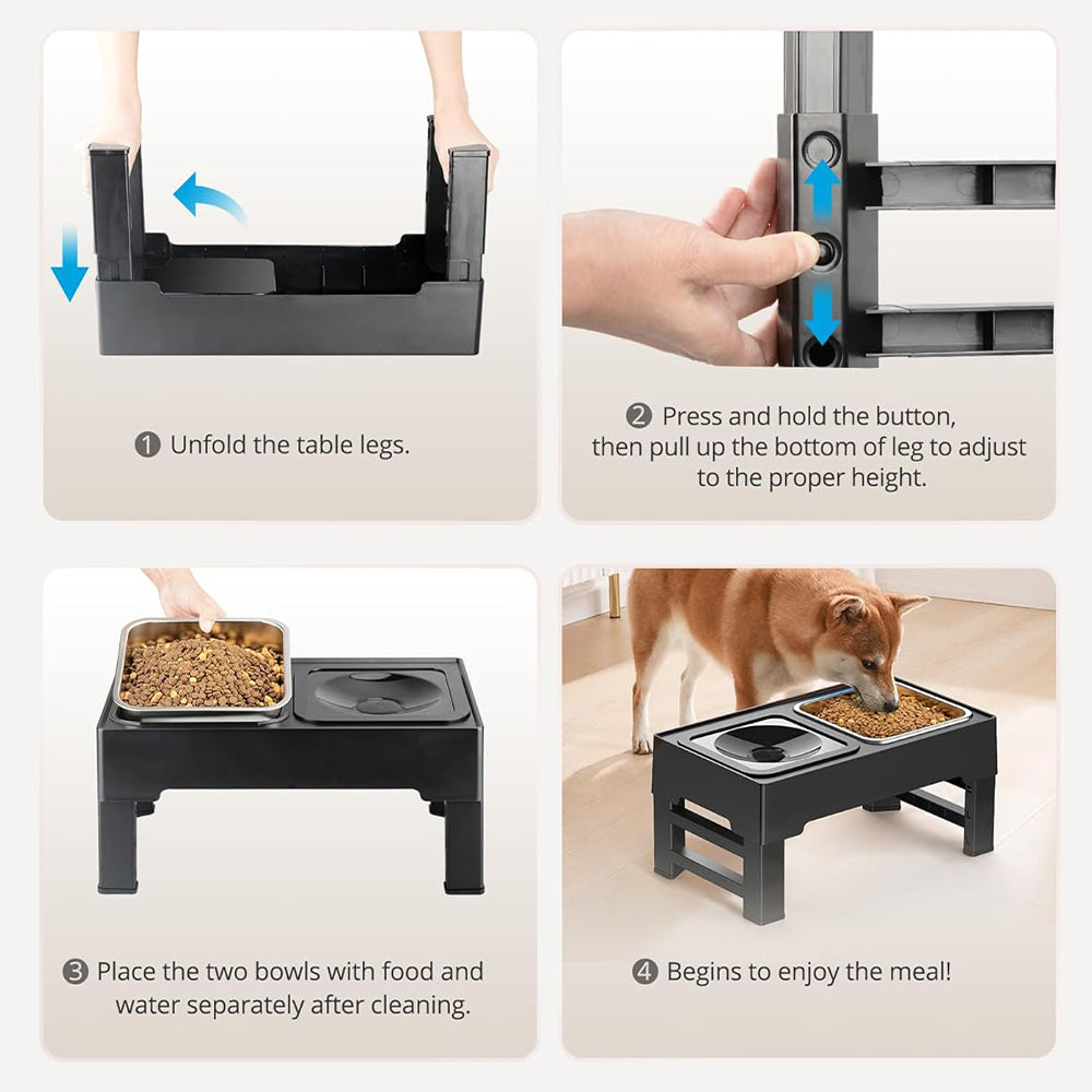 Height Adjustable Pet Feeder Stand – 2 Bowls (1.6L Food, 1L Water), Foldable, Spill-Resistant Design