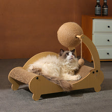 Cat lounging on a wooden pet bed with a ball toy above it, against a neutral background.