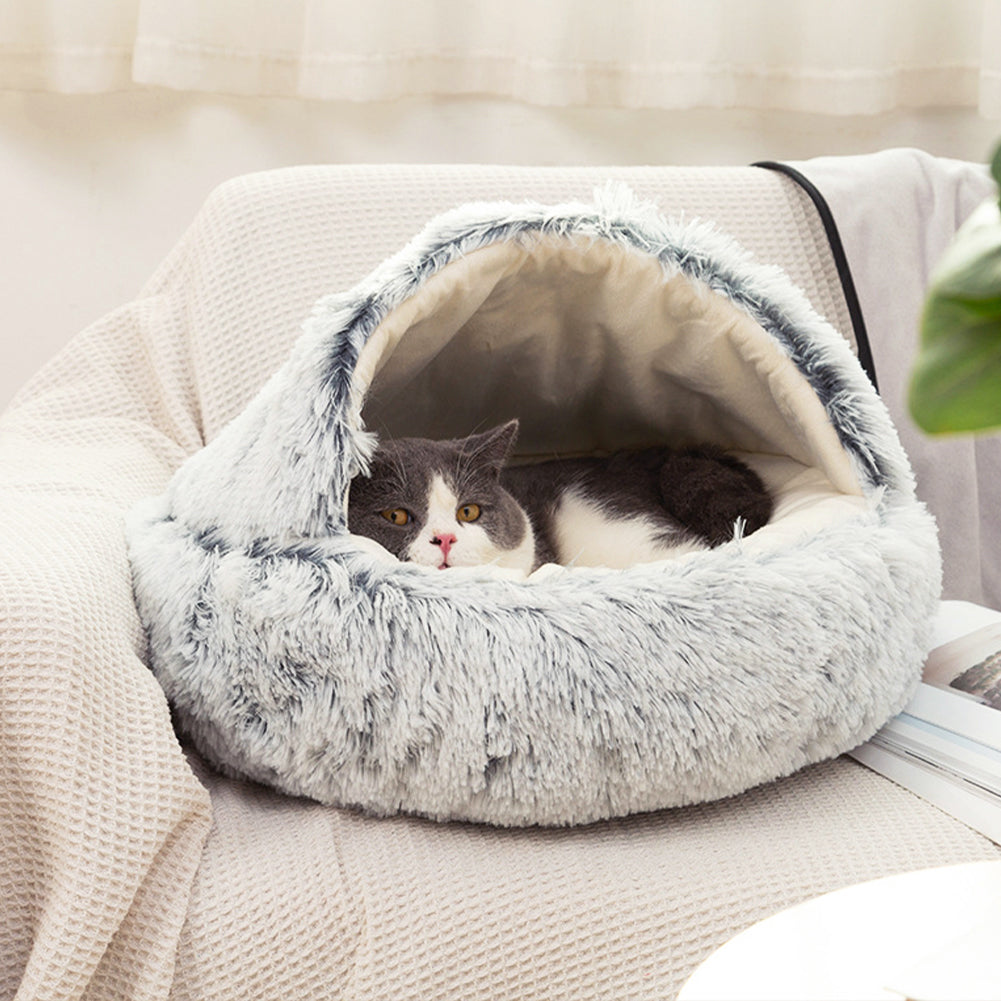 Soft Plush Semi-Enclosed Pet Bed – Cozy Retreat for Cats and Small Dogs