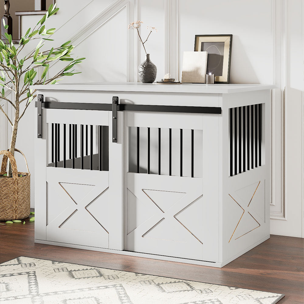 Wooden Dog Crate with Lockable Barn Door – Stylish & Secure Home for Dogs