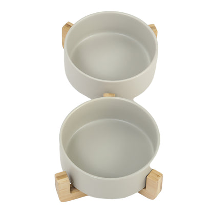 Double Ceramic Cat Bowl with Elevated Bamboo Stand – Durable, Easy-Clean Feeding Station