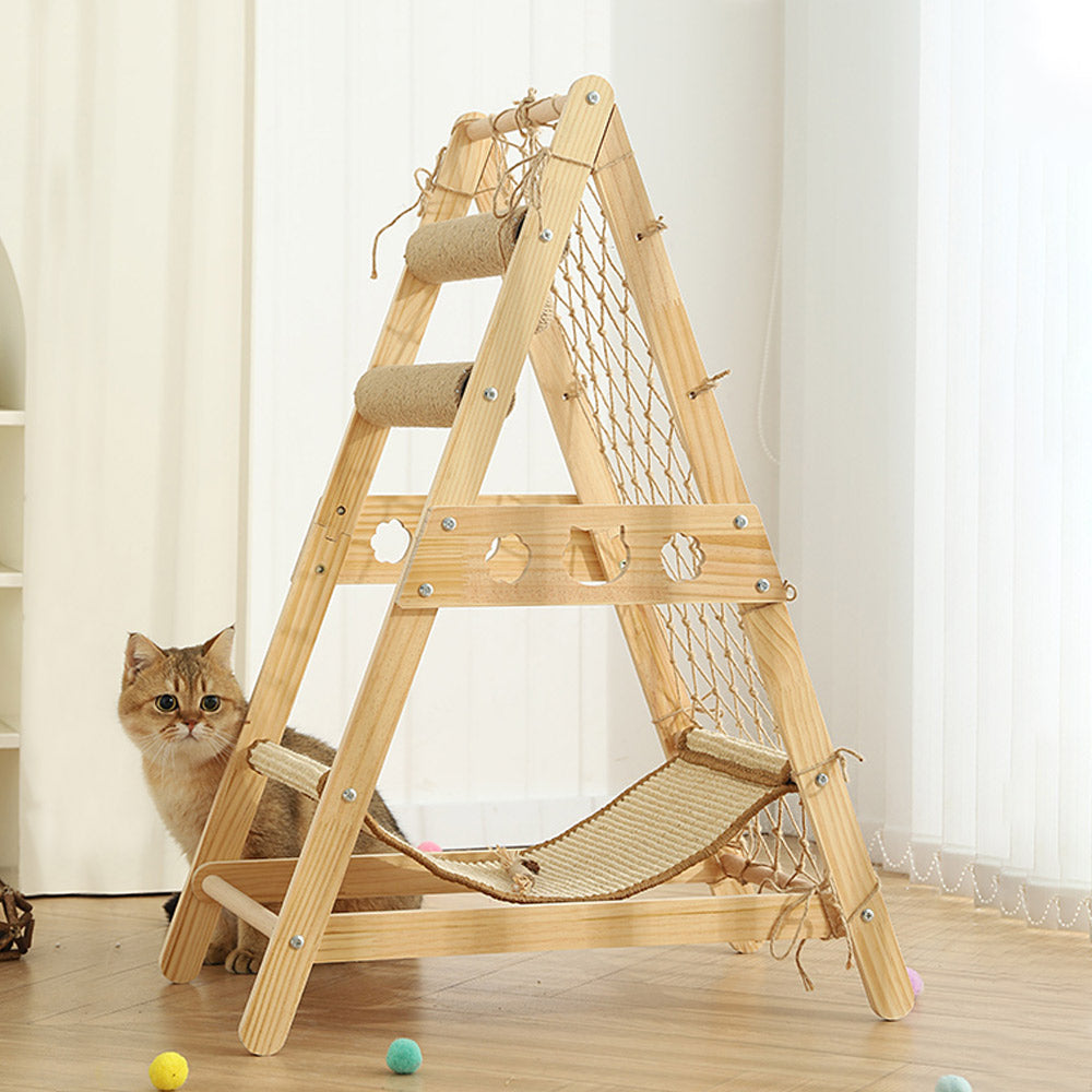 Wooden Cat Climbing Tower with Hammock & Scratching Post – Fun and Stylish Cat Tree for Scratching & Play