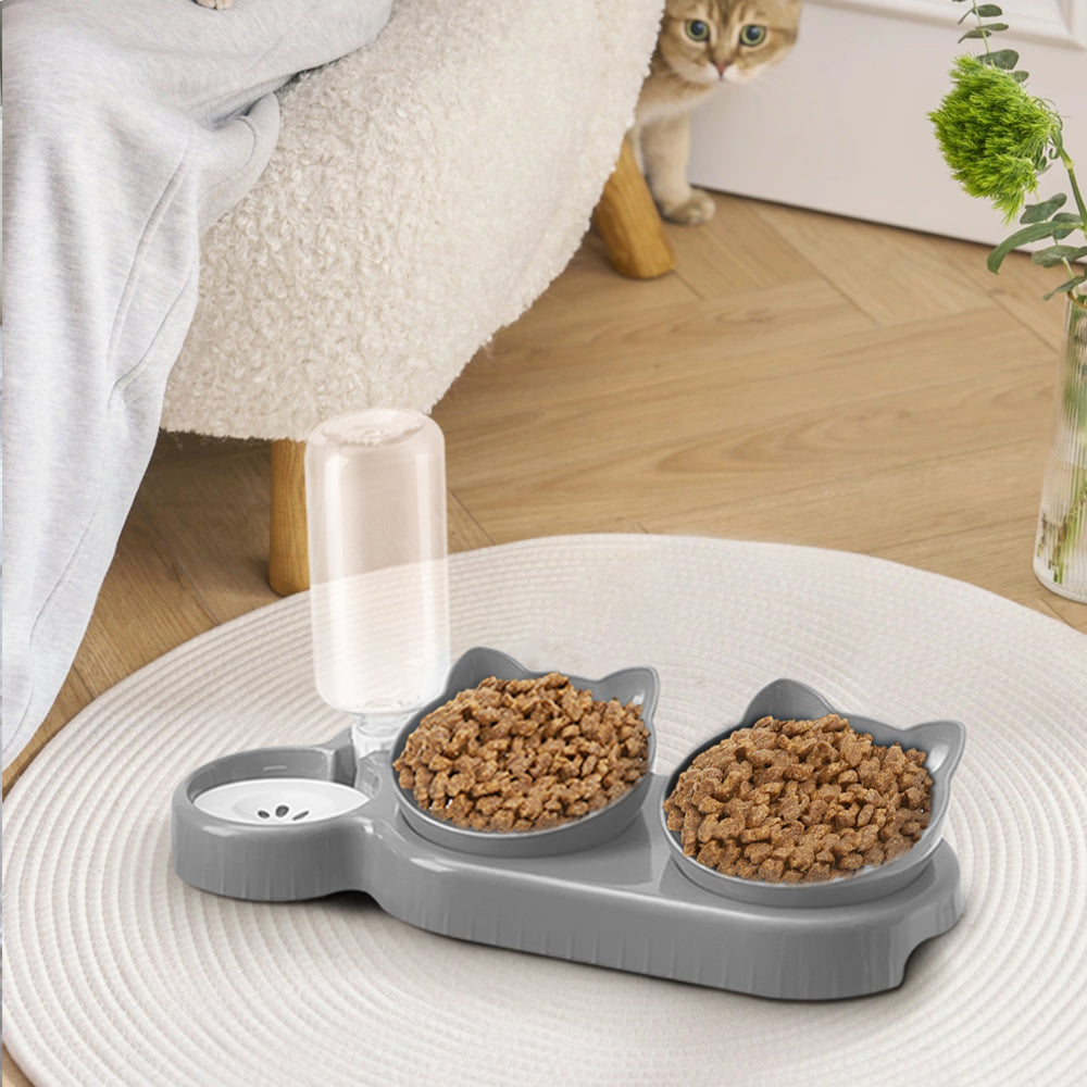 3-in-1 Pet Feeder with Automatic Water Refill – Tilted Double Bowls for Cats & Dogs – Non-Tip Design with Paw Print Detail