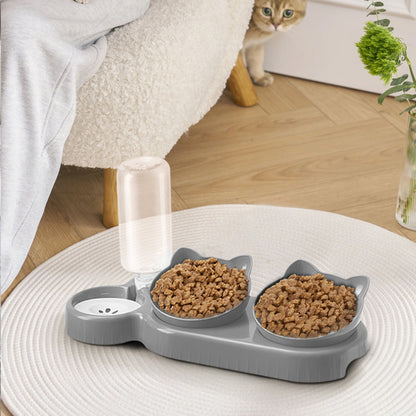 3-in-1 Pet Feeder with Automatic Water Refill – Tilted Double Bowls for Cats & Dogs – Non-Tip Design with Paw Print Detail