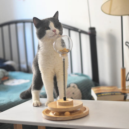Interactive Spring Cat Toy with Treat Dispenser and Rolling Wooden Ball Track