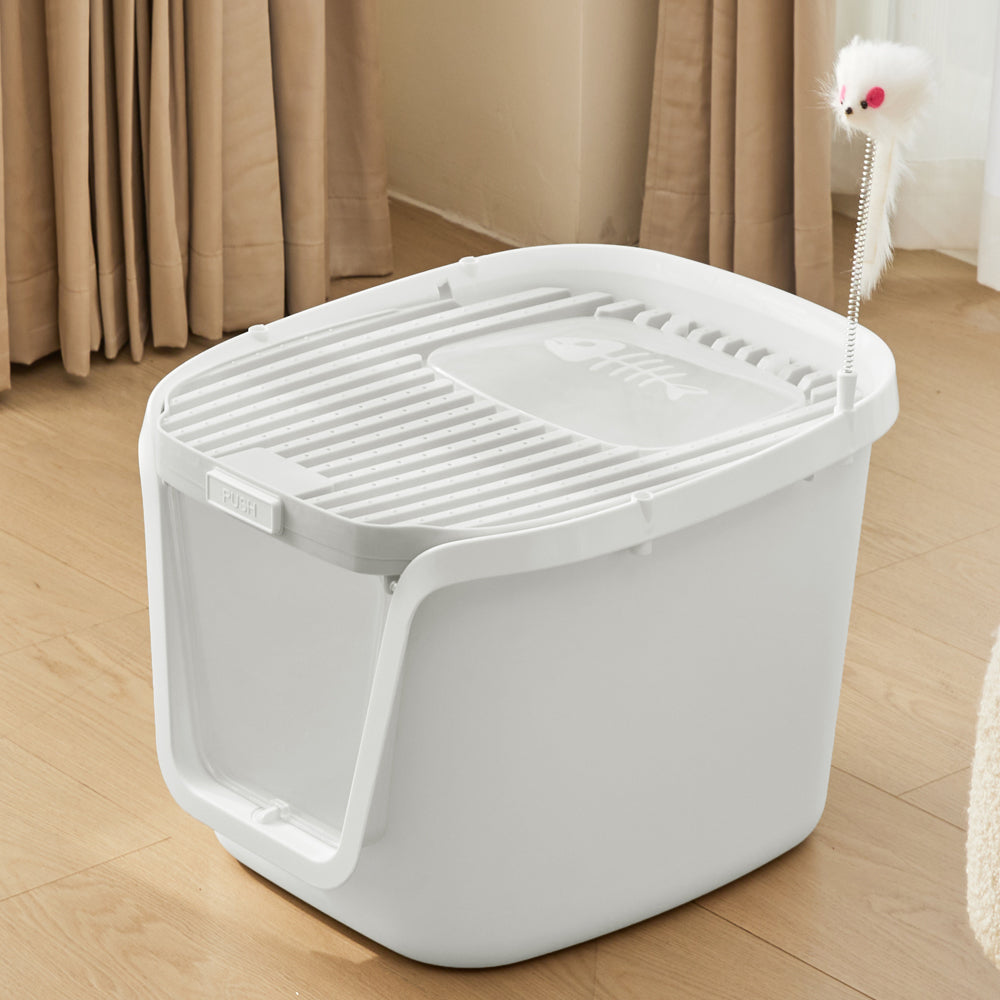 Splash-Proof Enclosed Cat Litter Box with Scoop & Teaser Toy – Odour Control, Dual-Door Entry, Easy-Clean Flip Lid