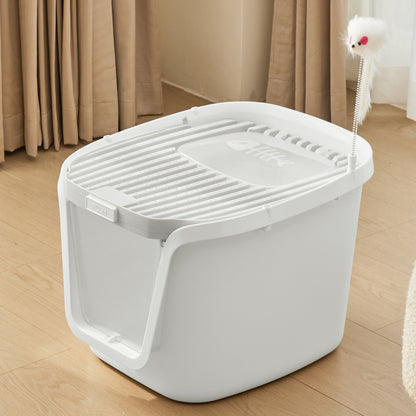Splash-Proof Enclosed Cat Litter Box with Scoop & Teaser Toy – Odour Control, Dual-Door Entry, Easy-Clean Flip Lid