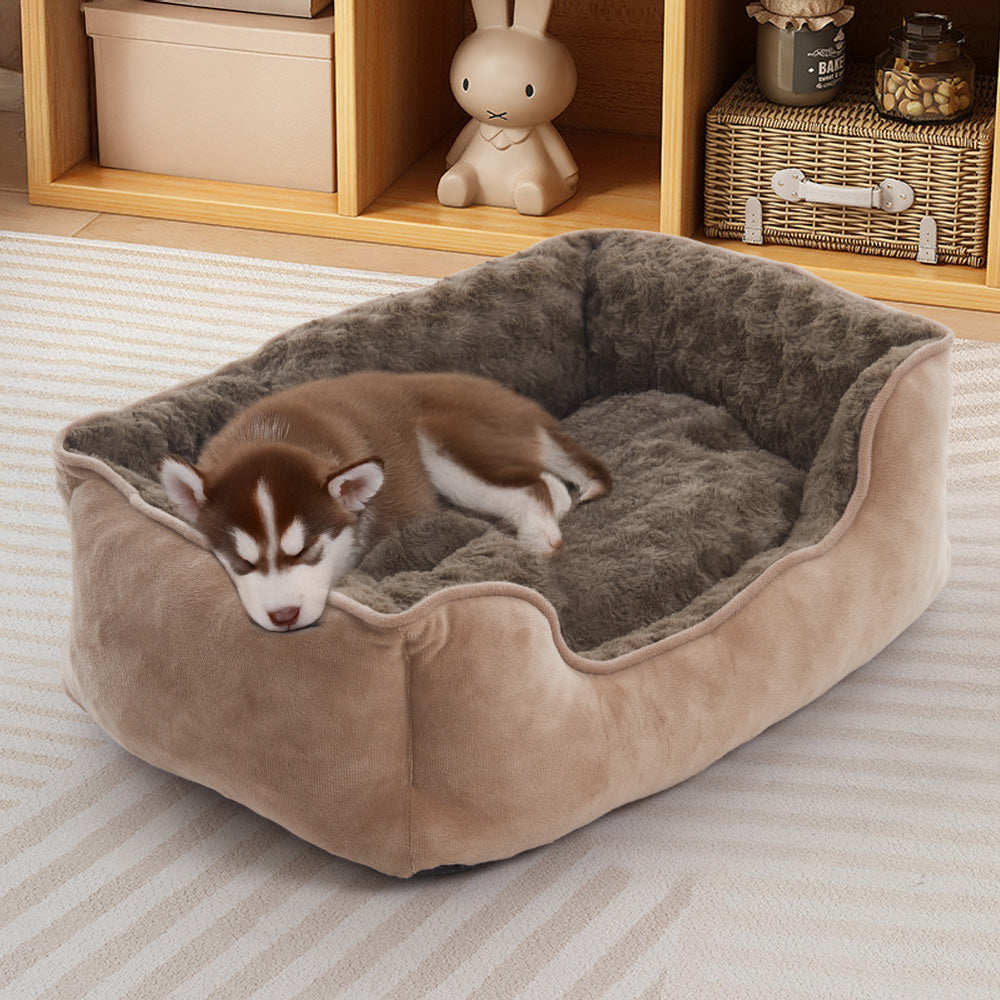 Cozy Khaki Faux Plush Pet Sleeping Bed with Raised Sides and Non-Slip Base