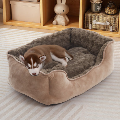 Cozy Khaki Faux Plush Pet Sleeping Bed with Raised Sides and Non-Slip Base