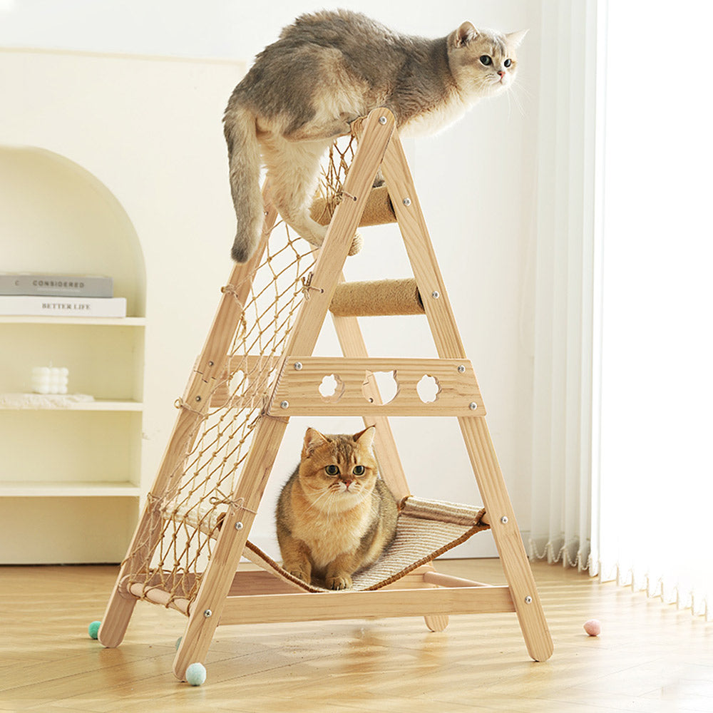 Wooden Cat Climbing Tower with Hammock & Scratching Post – Fun and Stylish Cat Tree for Scratching & Play