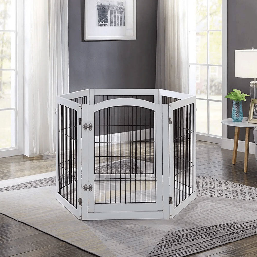 6-Panel Freestanding Wooden Pet Playpen – Foldable Safety Gate for Indoor Use