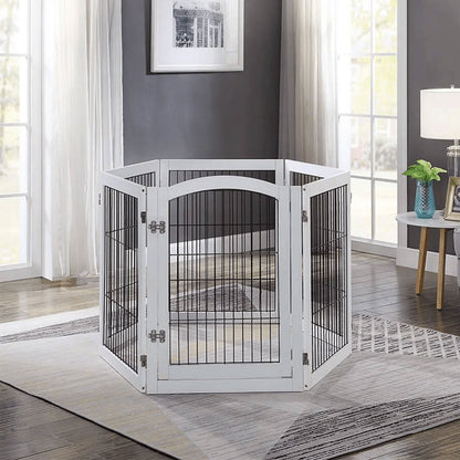 6-Panel Freestanding Wooden Pet Playpen – Foldable Safety Gate for Indoor Use