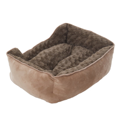 Cozy Khaki Faux Plush Pet Sleeping Bed with Raised Sides and Non-Slip Base