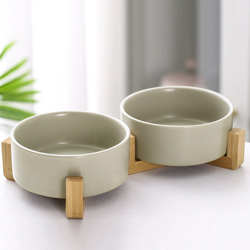 Double Ceramic Cat Bowl with Elevated Bamboo Stand – Durable, Easy-Clean Feeding Station