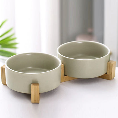 Double Ceramic Cat Bowl with Elevated Bamboo Stand – Durable, Easy-Clean Feeding Station
