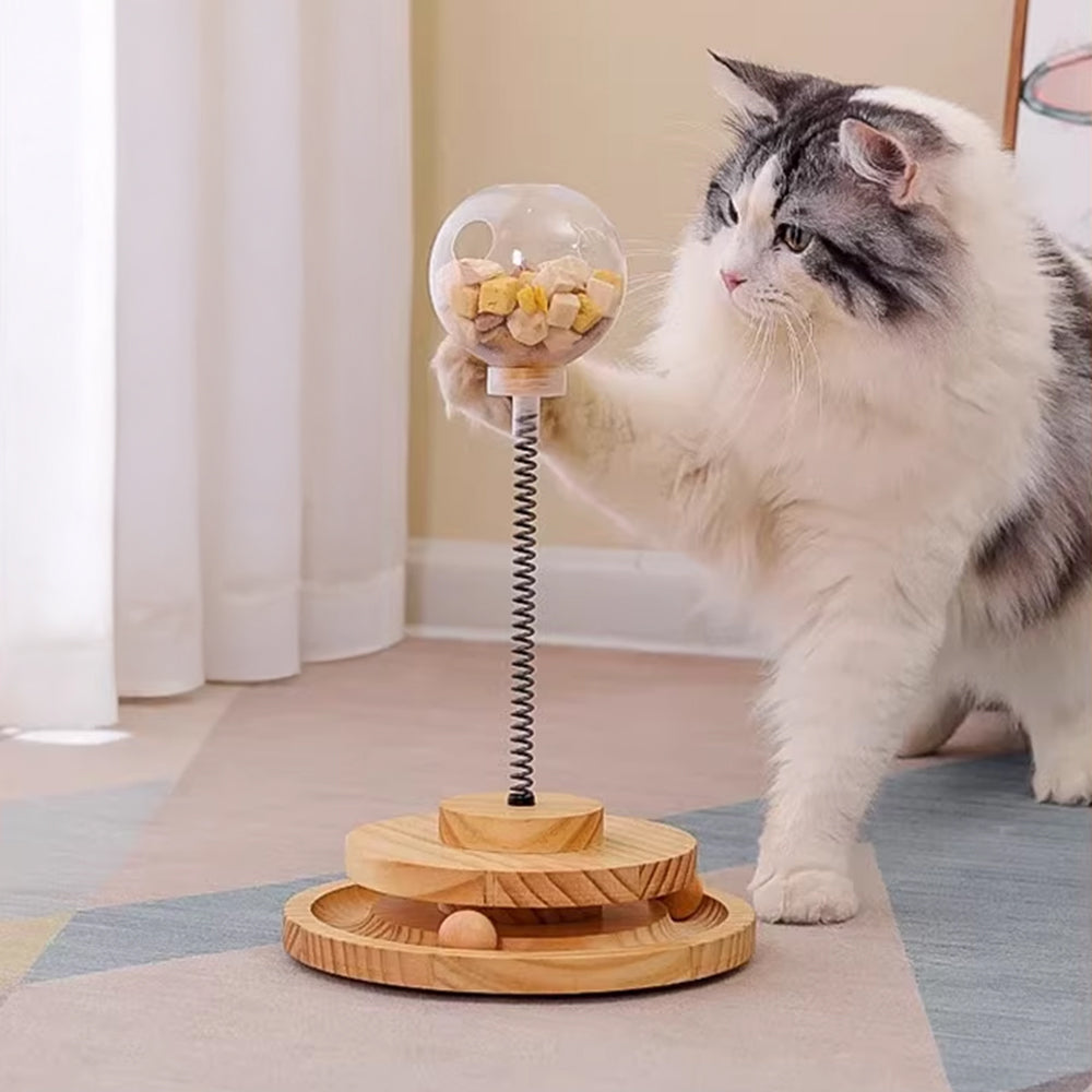Interactive Spring Cat Toy with Treat Dispenser and Rolling Wooden Ball Track