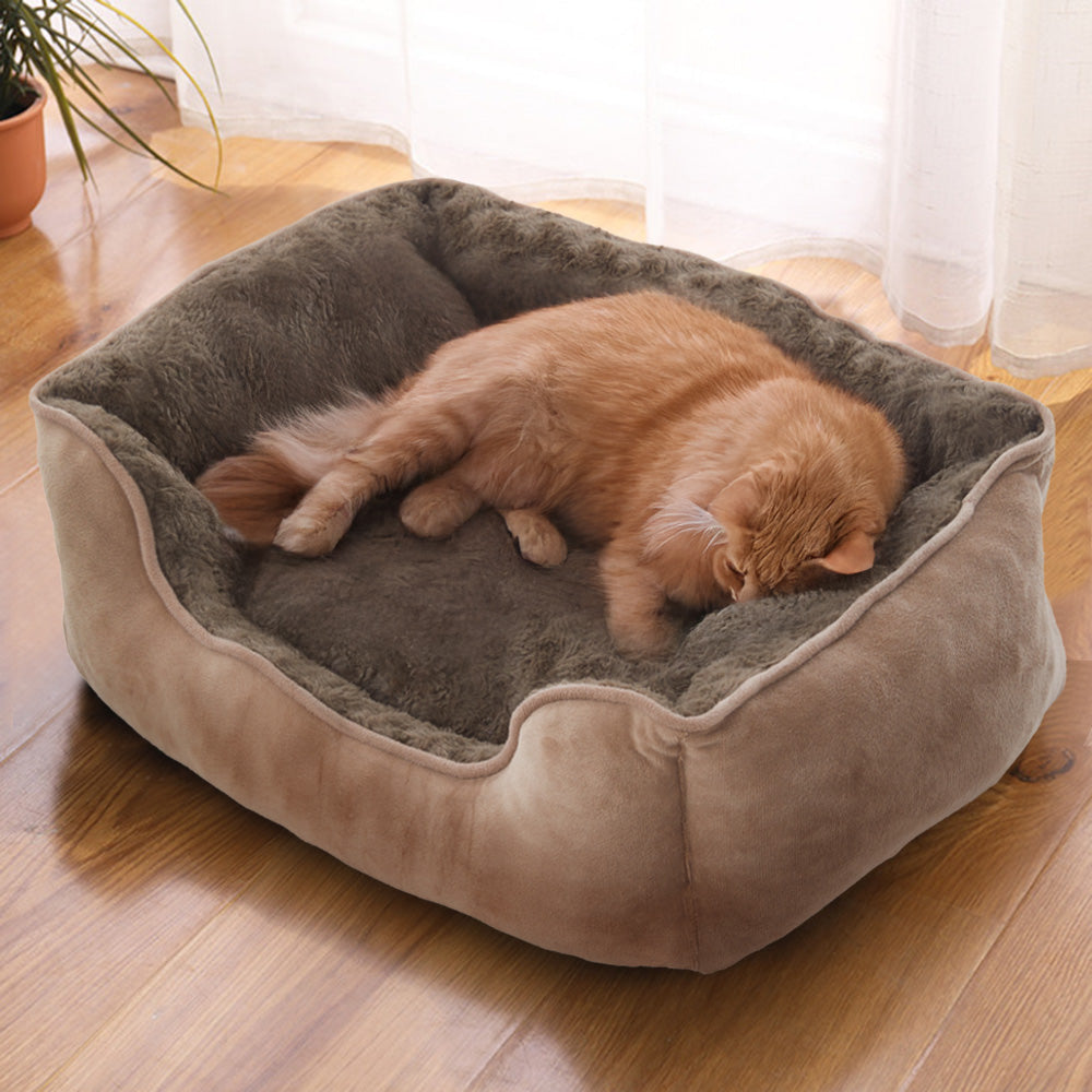 Cozy Khaki Faux Plush Pet Sleeping Bed with Raised Sides and Non-Slip Base