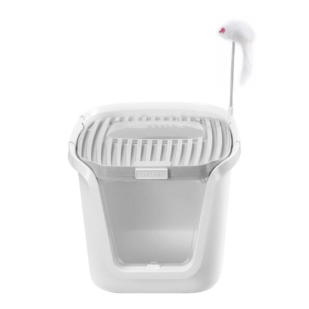 Splash-Proof Enclosed Cat Litter Box with Scoop & Teaser Toy – Odour Control, Dual-Door Entry, Easy-Clean Flip Lid