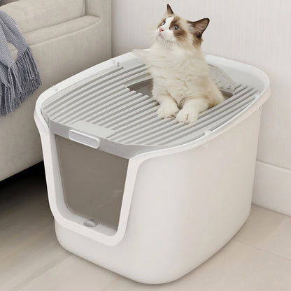 Splash-Proof Enclosed Cat Litter Box with Scoop & Teaser Toy – Odour Control, Dual-Door Entry, Easy-Clean Flip Lid