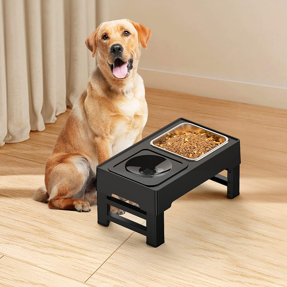 Height Adjustable Pet Feeder Stand – 2 Bowls (1.6L Food, 1L Water), Foldable, Spill-Resistant Design