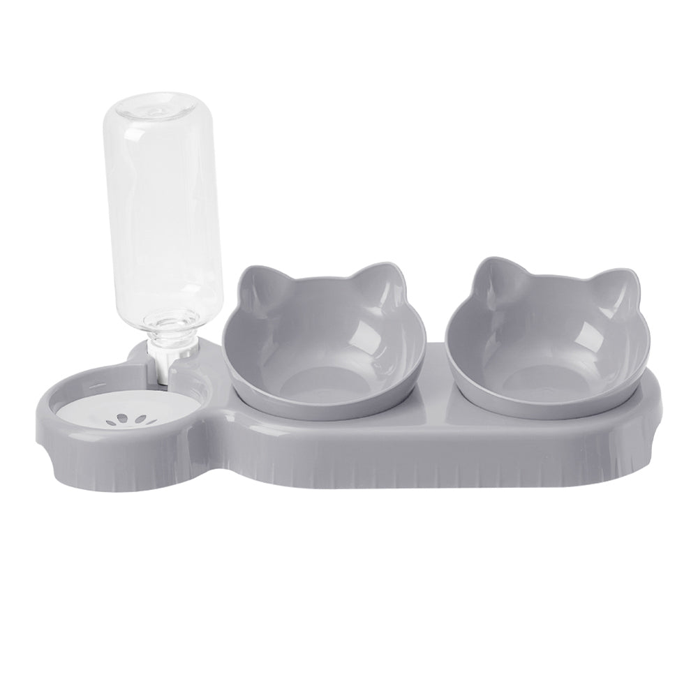 3-in-1 Pet Feeder with Automatic Water Refill – Tilted Double Bowls for Cats & Dogs – Non-Tip Design with Paw Print Detail