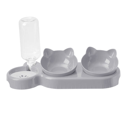 3-in-1 Pet Feeder with Automatic Water Refill – Tilted Double Bowls for Cats & Dogs – Non-Tip Design with Paw Print Detail