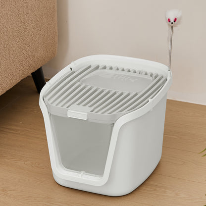 Splash-Proof Enclosed Cat Litter Box with Scoop & Teaser Toy – Odour Control, Dual-Door Entry, Easy-Clean Flip Lid