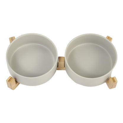Double Ceramic Cat Bowl with Elevated Bamboo Stand – Durable, Easy-Clean Feeding Station
