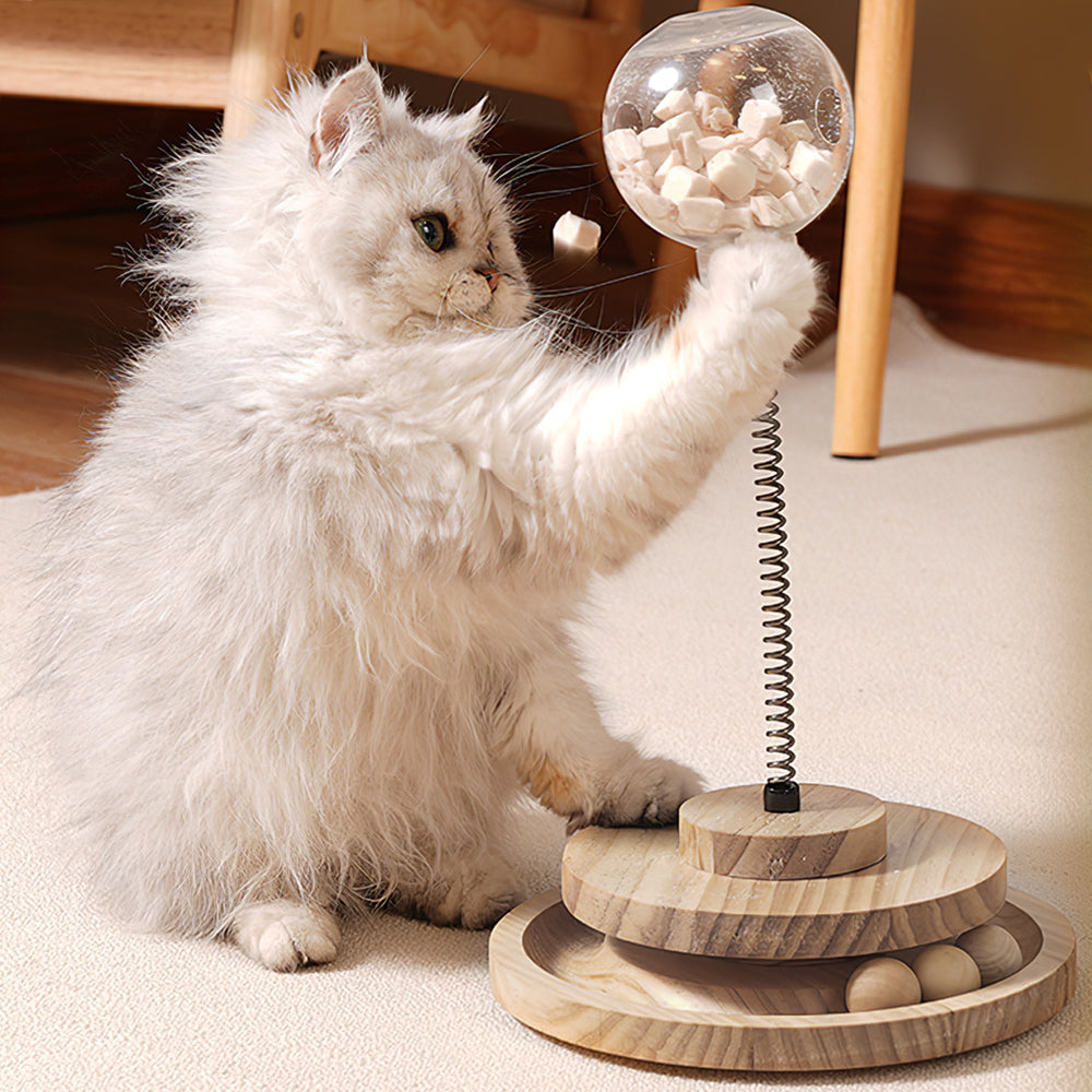 Interactive Spring Cat Toy with Treat Dispenser and Rolling Wooden Ball Track