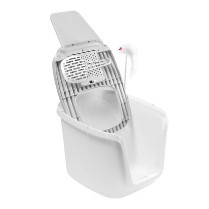Splash-Proof Enclosed Cat Litter Box with Scoop & Teaser Toy – Odour Control, Dual-Door Entry, Easy-Clean Flip Lid