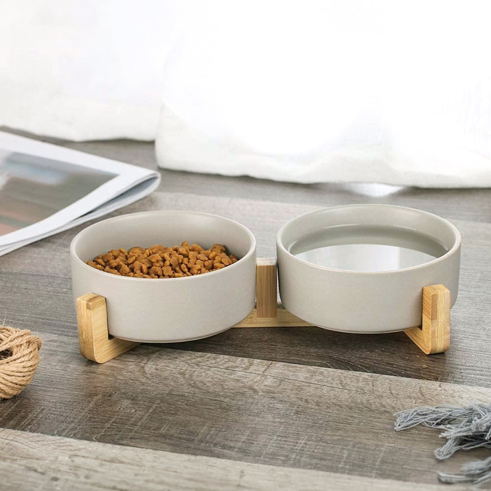 Double Ceramic Cat Bowl with Elevated Bamboo Stand – Durable, Easy-Clean Feeding Station