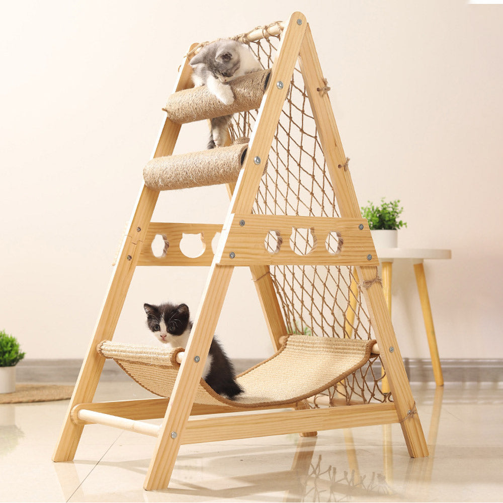 Wooden Cat Climbing Tower with Hammock & Scratching Post – Fun and Stylish Cat Tree for Scratching & Play