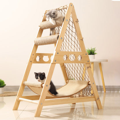 Wooden Cat Climbing Tower with Hammock & Scratching Post – Fun and Stylish Cat Tree for Scratching & Play