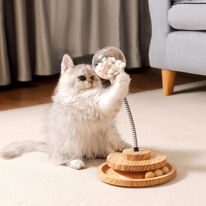 Interactive Spring Cat Toy with Treat Dispenser and Rolling Wooden Ball Track