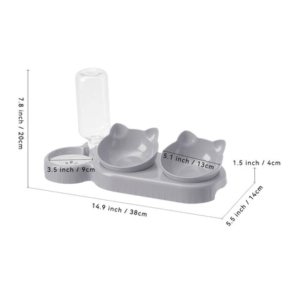 3-in-1 Pet Feeder with Automatic Water Refill – Tilted Double Bowls for Cats & Dogs – Non-Tip Design with Paw Print Detail