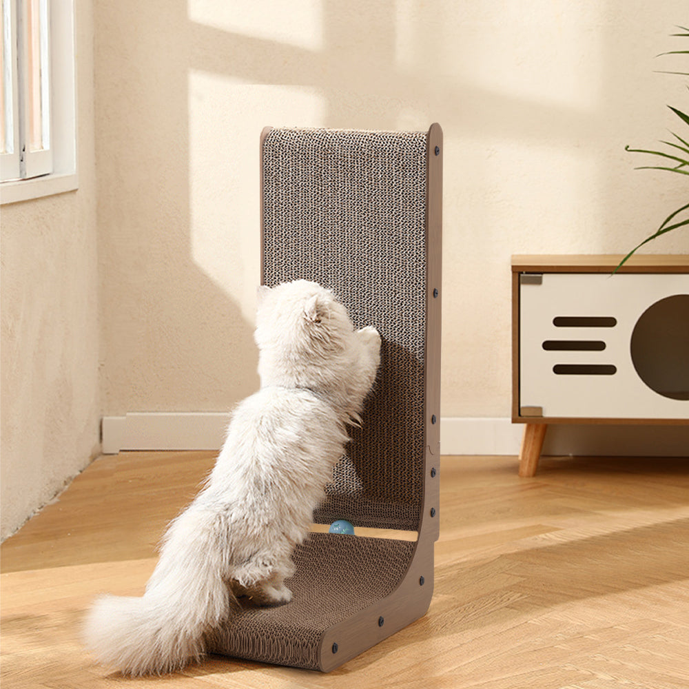 L-Shaped Corrugated Cat Scratching Pad with Interactive Ball Toy