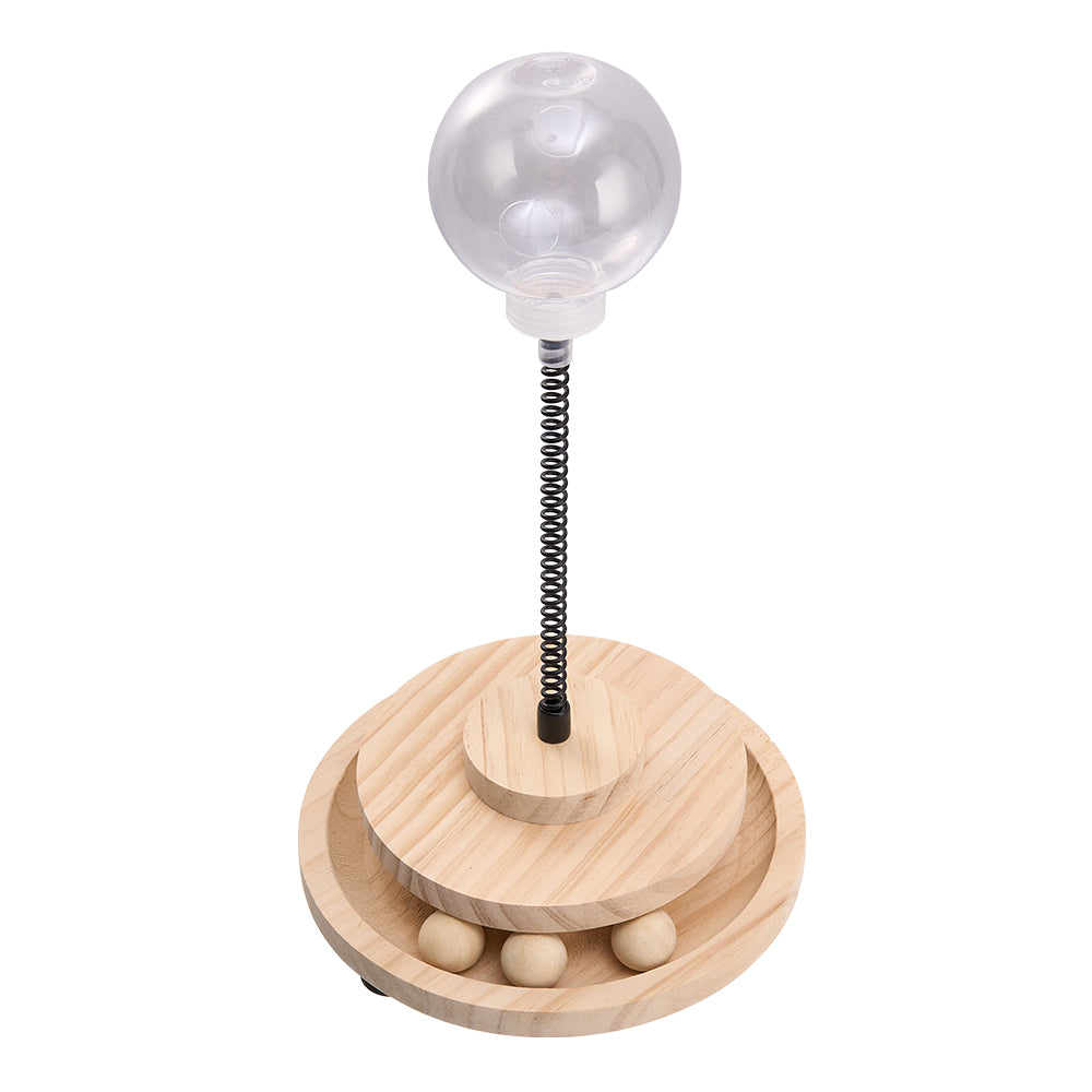 Interactive Spring Cat Toy with Treat Dispenser and Rolling Wooden Ball Track