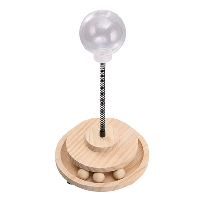 Interactive Spring Cat Toy with Treat Dispenser and Rolling Wooden Ball Track